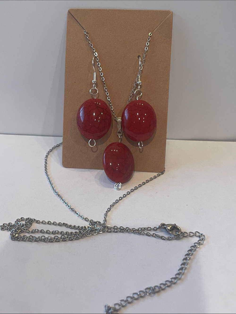 Red Bead Pendant Necklace and Earring Set - Women Jewelry